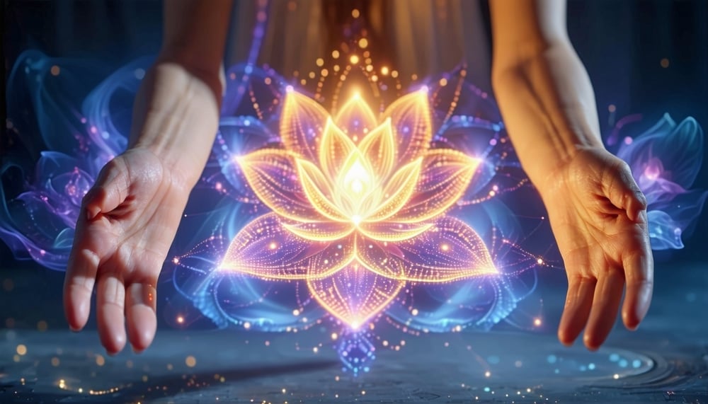 Visualisatie van energetische healing op afstand met spirituele symbolen Visualisatie van energetische healing op afstand met spirituele symbolen